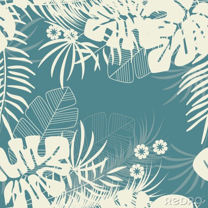 Behang Zomer naadloze tropische patroon met monstera palmbladeren en planten op blauwe achtergrond