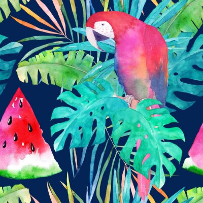 Behang Zomerpatroon met waterverf papegaai, palmbladeren en watermeloen. Kleurrijke illustratie