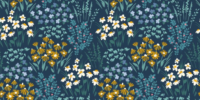 Behang Zomerse weide op een donkerblauwe achtergrond