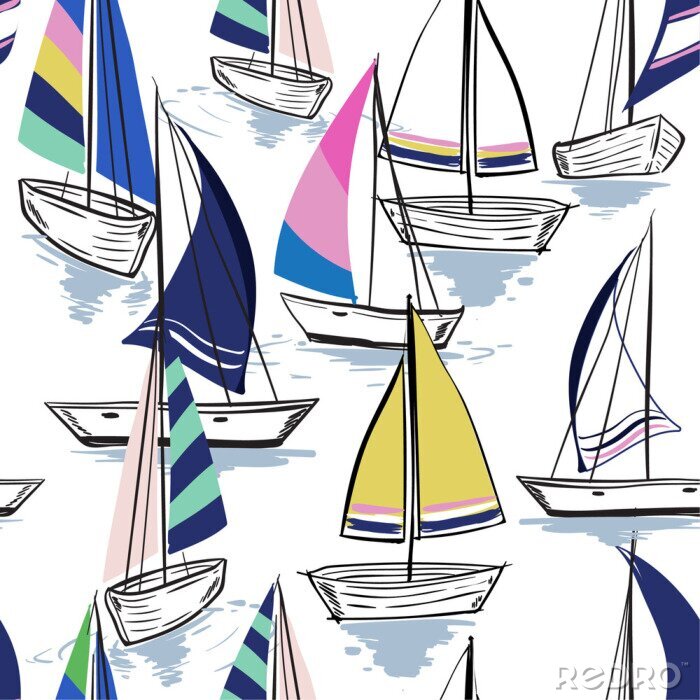Behang Zomerstemming Hand tekening schets Naadloze zomer zee patroon met zeilschepen