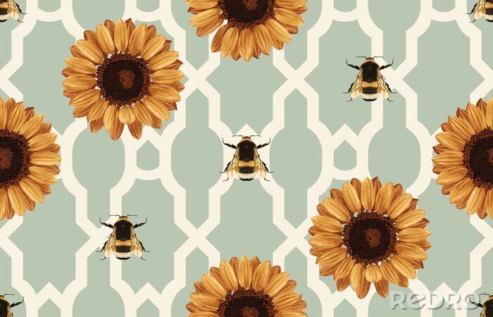 Behang Zonnebloemen en bijen op een abstracte achtergrond