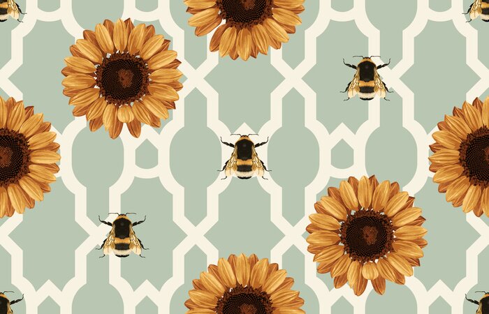 Behang Zonnebloemen en bijen op een abstracte achtergrond