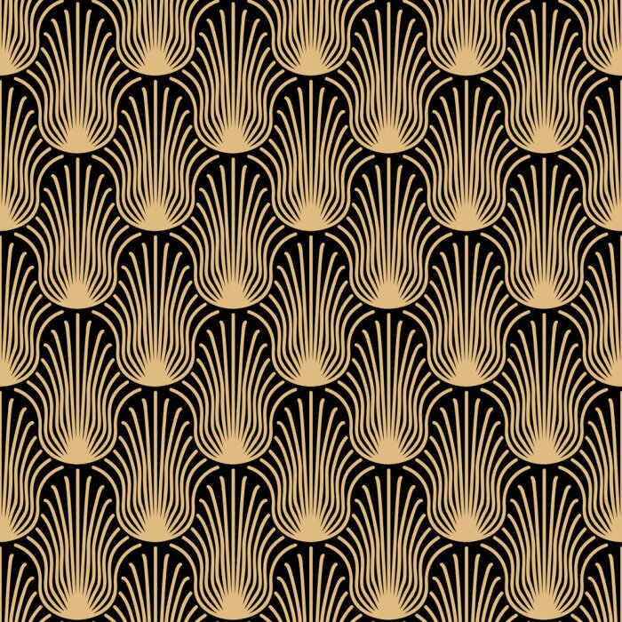 Behang Zwart bloemmotief in art deco stijl