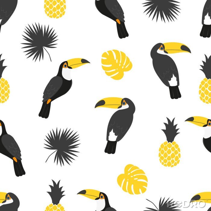 Behang Zwart en geel motief met toekanvogels en ananassen