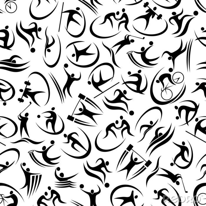 Behang Zwart en wit naadloze patroon van het voetbal of voetbal, basketbal, hardlopen, golfen, fietsen, volleybal, worstelen, speerwerpen, gewichtheffen, zwemmen en waterpolo sporters abstracte silhouetten