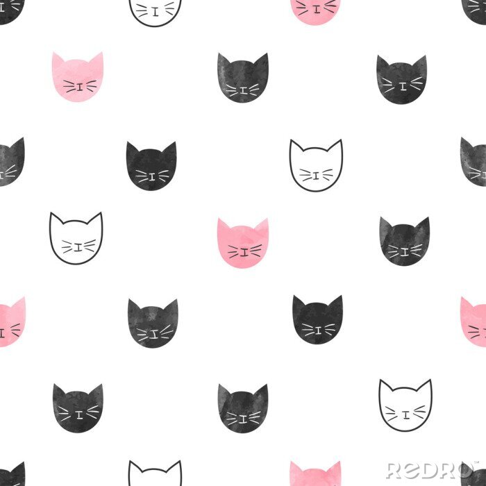 Behang Zwart met roze hoofdjes van kittens