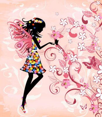 Zwart silhouet van een fee in bloemen