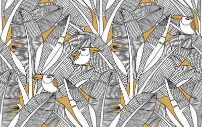 Behang Zwart-wit jungle en exotische vogels
