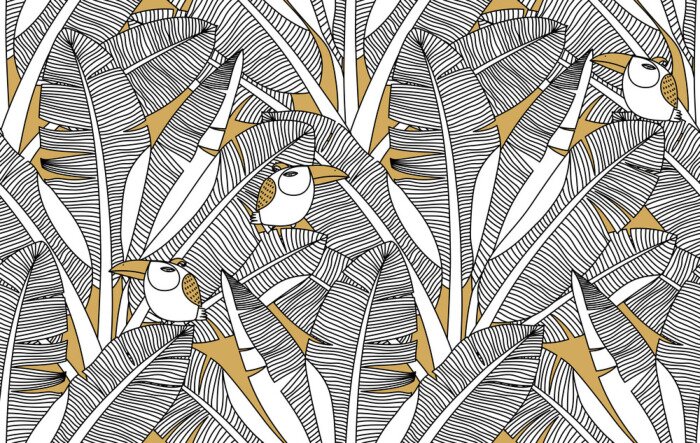 Behang Zwart-wit jungle en exotische vogels