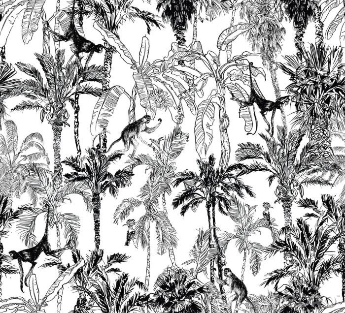 Behang Zwart-wit jungle met apen