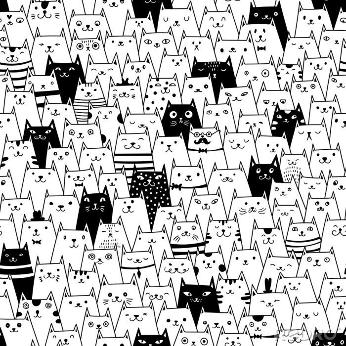 Behang Zwart-wit motief met katten