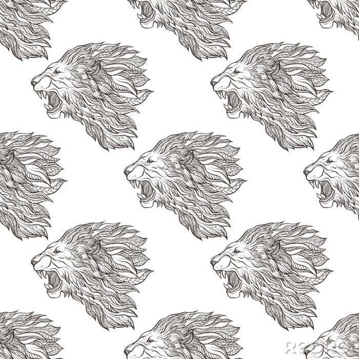Behang Zwart-wit patroon met brullende leeuwen