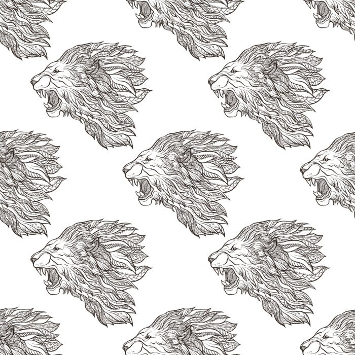 Behang Zwart-wit patroon met brullende leeuwen