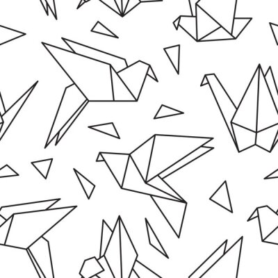 Behang Zwart-wit patroon met origami vogels