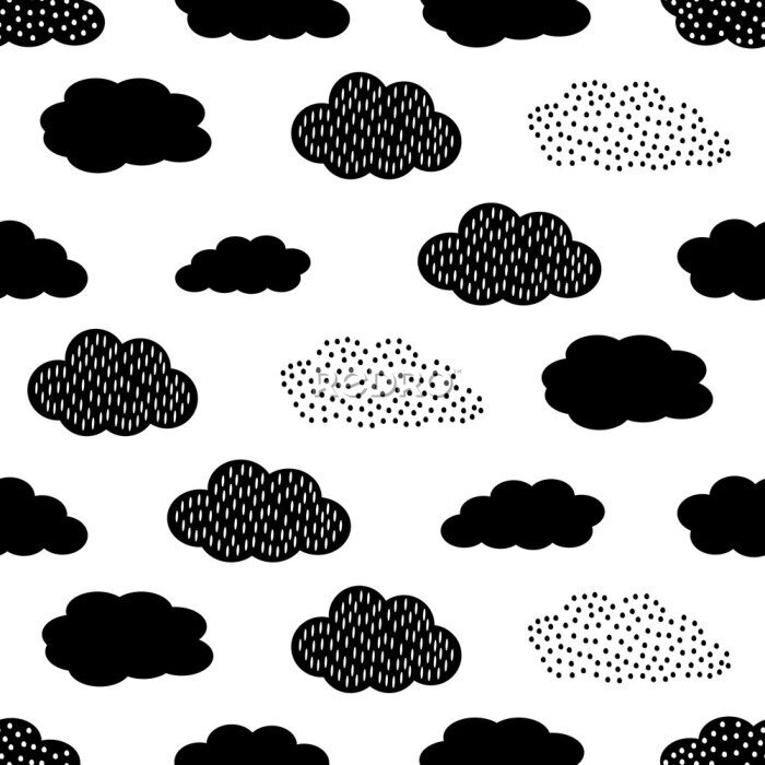 Behang Zwart-wit patroon met wolken