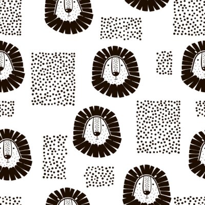 Behang Zwart-wit patroon voor kinderen met leeuwen