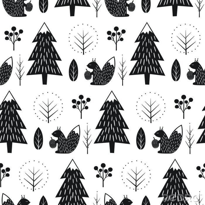 Behang Zwart-wit Scandinavisch patroon met eekhoorns in het bos