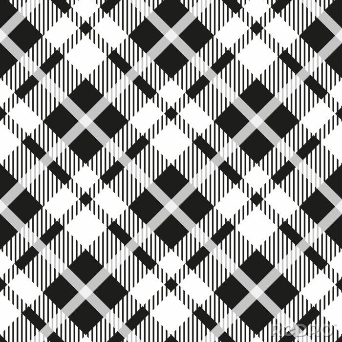 Behang Zwart-wit tartan diagonale naadloze vector patroon Geruite geruite textuur Geometrische eenvoudige vierkante achtergrond voor stof, textiel, doek, kleding, shirts, shorts, jurk deken inwikkeling ontwe