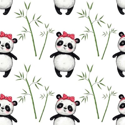 Behang Zwart-witte beren tussen bamboetakken