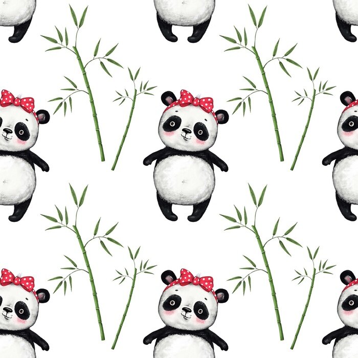 Behang Zwart-witte beren tussen bamboetakken