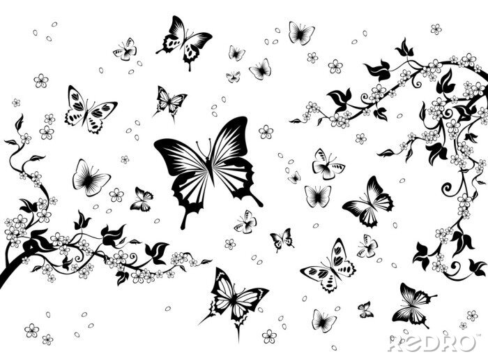 Behang Zwart-witte bloemen en vlinders