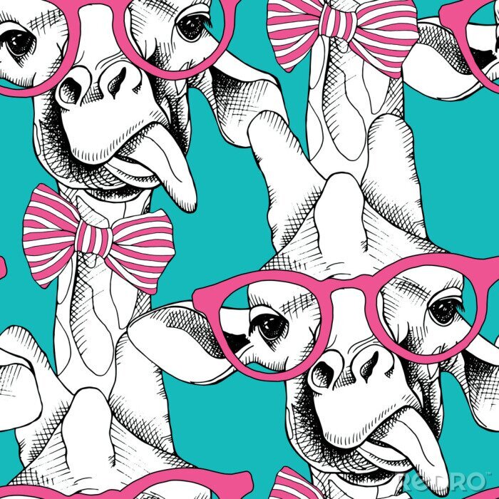 Behang Zwart-witte giraffen in roze glazen
