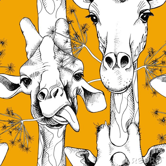 Behang Zwart-witte giraffen op een gele achtergrond
