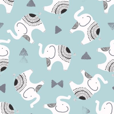 Behang Zwart-witte olifanten op een blauwe achtergrond