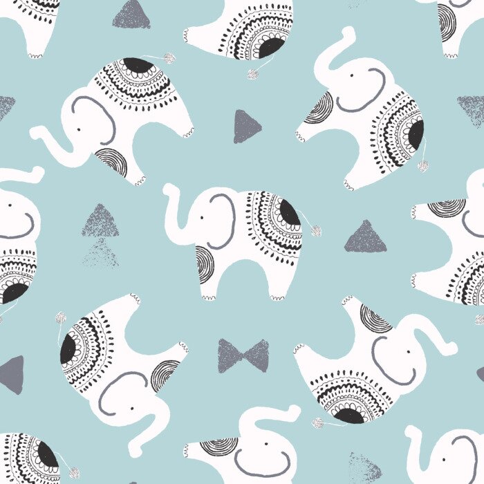 Behang Zwart-witte olifanten op een blauwe achtergrond