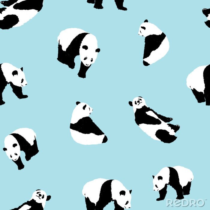 Behang Zwart-witte pandaberen op een blauwe achtergrond