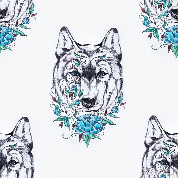 Behang Zwart-witte wolvenkoppen met blauwe bloem