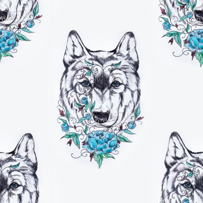 Behang Zwart-witte wolvenkoppen met blauwe bloem