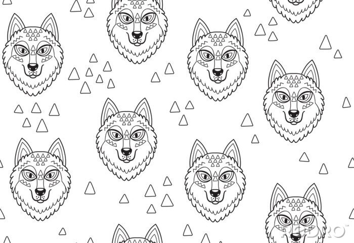 Behang Zwart-witte wolvenkoppen met driehoeken