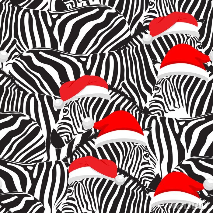 Behang Zwart-witte zebra's met rode hoedjes