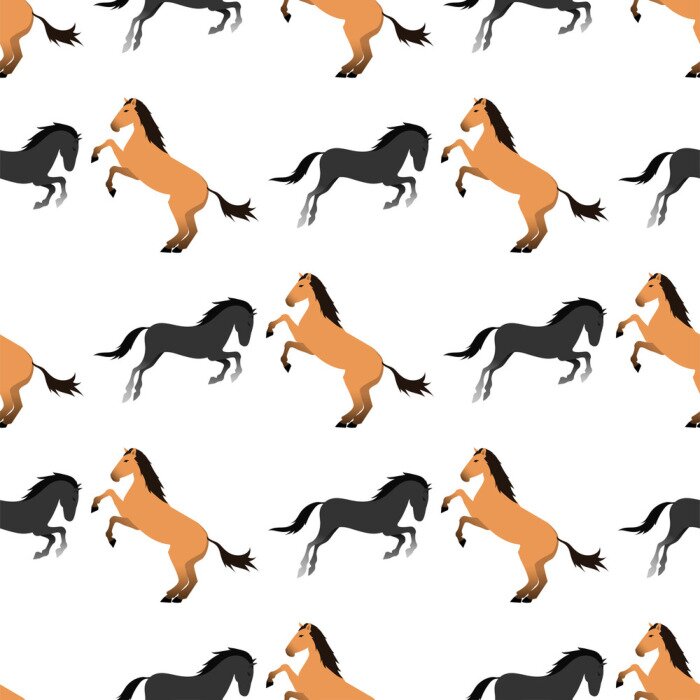 Behang Zwarte en beige paarden op een witte achtergrond