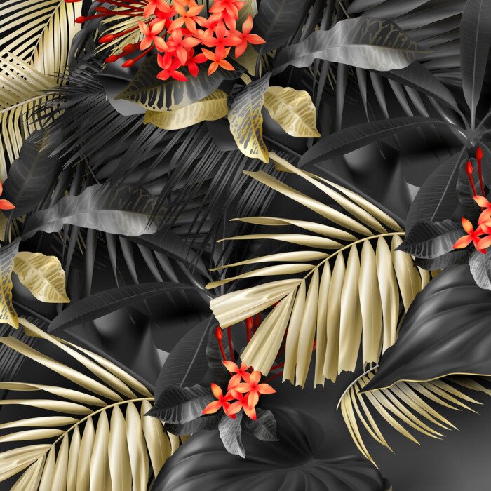 Behang Zwarte en beige tropische bladeren en bloemen