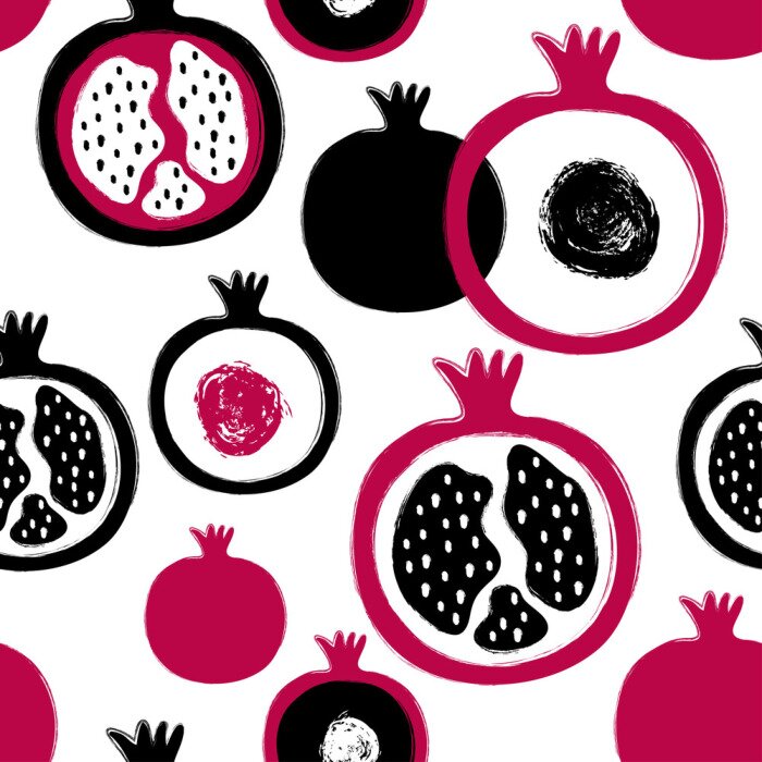 Behang Zwarte en marineblauwe granaatappels op een witte achtergrond