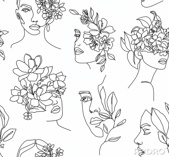 Behang Zwarte en witte vrouwelijke gezichten met bloemen