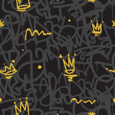 Behang Zwarte graffiti met gele en grijze accenten