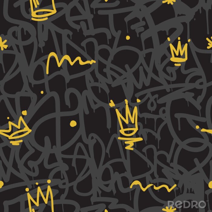 Behang Zwarte graffiti met gele en grijze accenten
