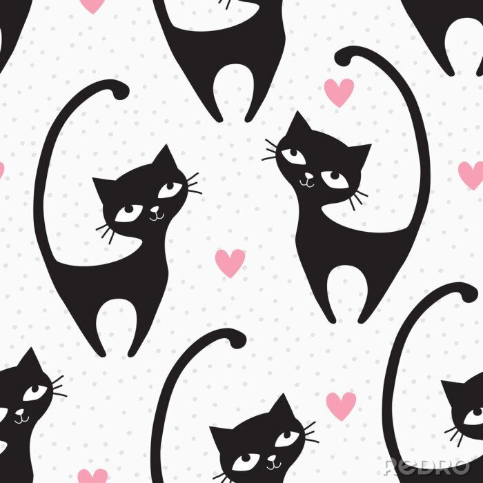 Behang Zwarte katten en roze hartjes