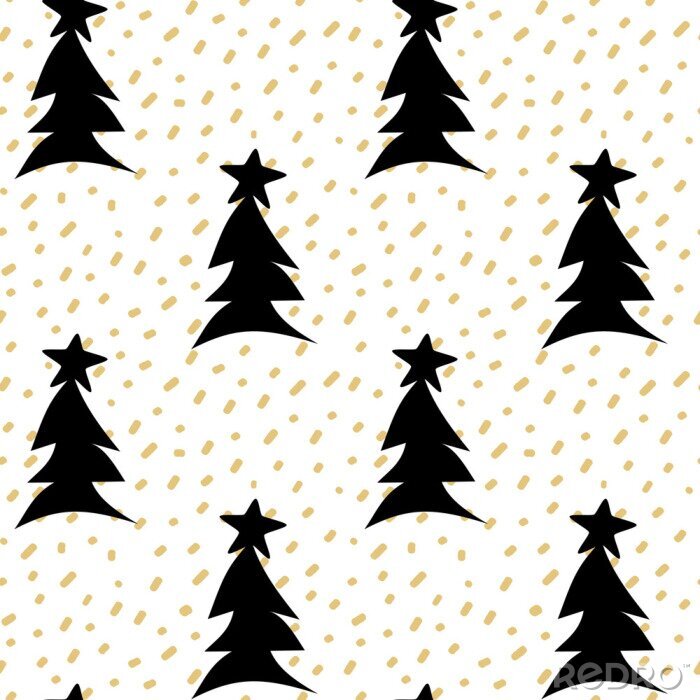 Behang Zwarte kerstbomen tussen gouden confetti