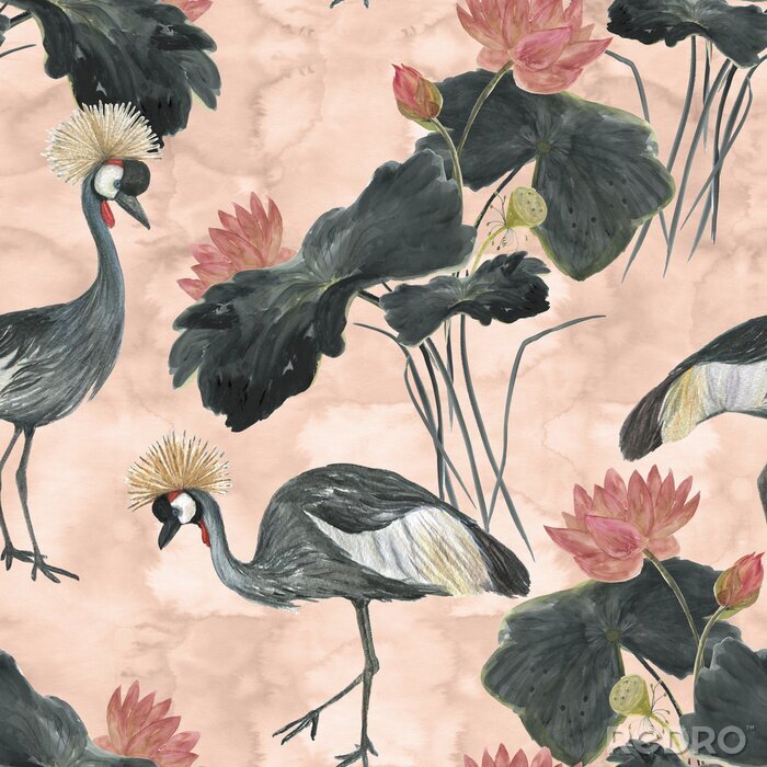 Behang Zwarte kraanvogels en bloemen op een roze achtergrond
