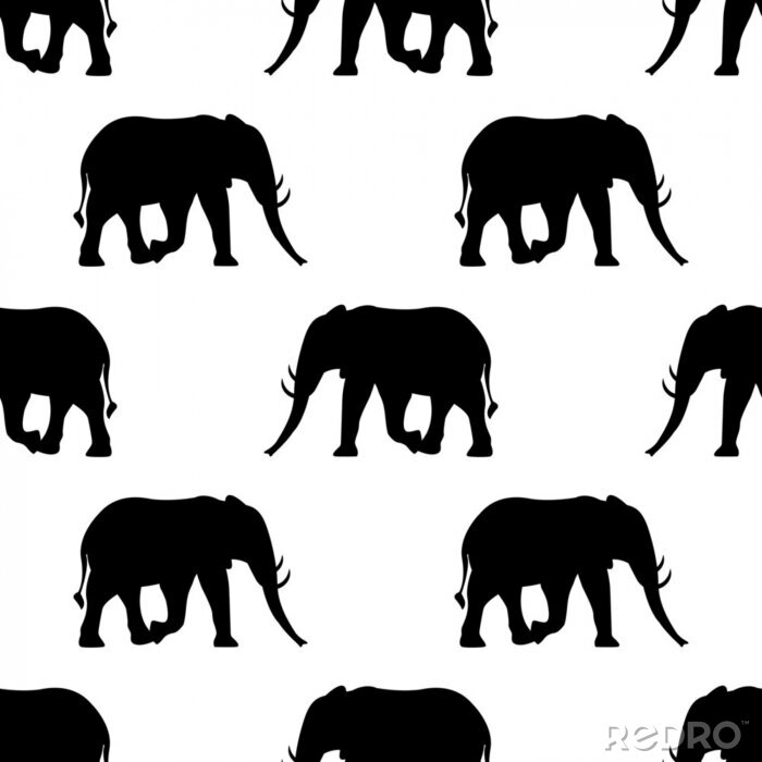 Behang Zwarte silhouetten van olifanten op een witte achtergrond