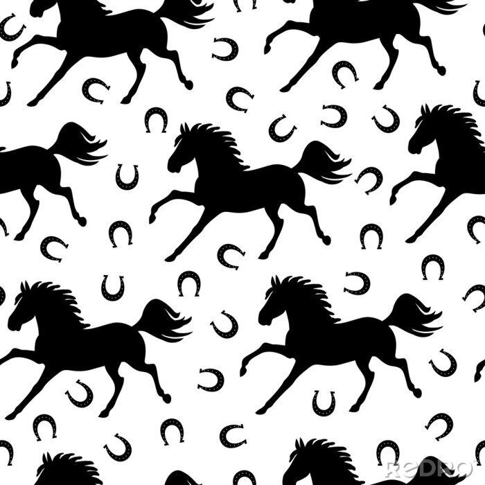 Behang Zwarte silhouetten van paarden en hoefijzers op een witte achtergrond