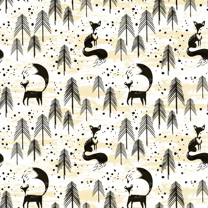 Behang Zwarte vossen en bomen op gele achtergrond