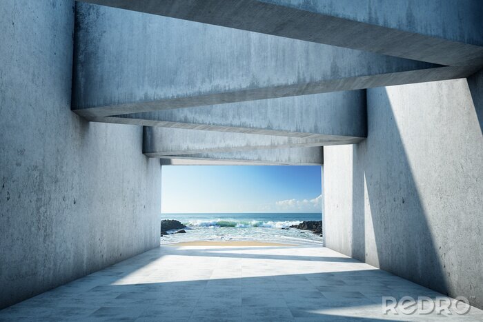 Canvas 3D betonnen tunnel naar strand