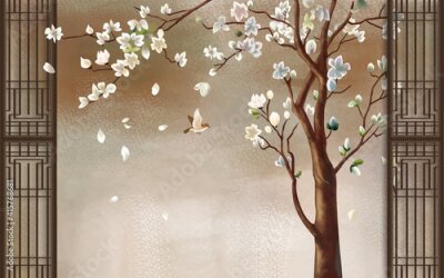 3d illustration, spotted blurred background, brown vertical frames, tall tree with magnolia flowers