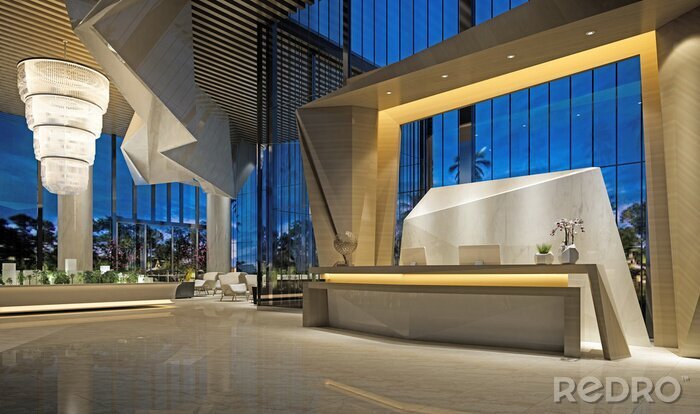 Canvas 3d render of modern hotel reception lobby
