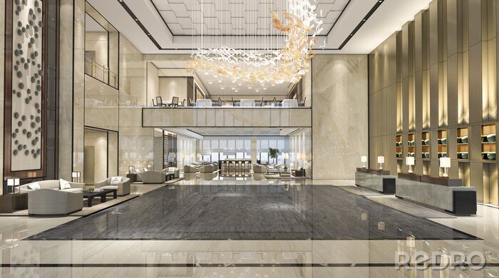 Canvas 3D-rendering luxe hotel receptie en lounge restaurant